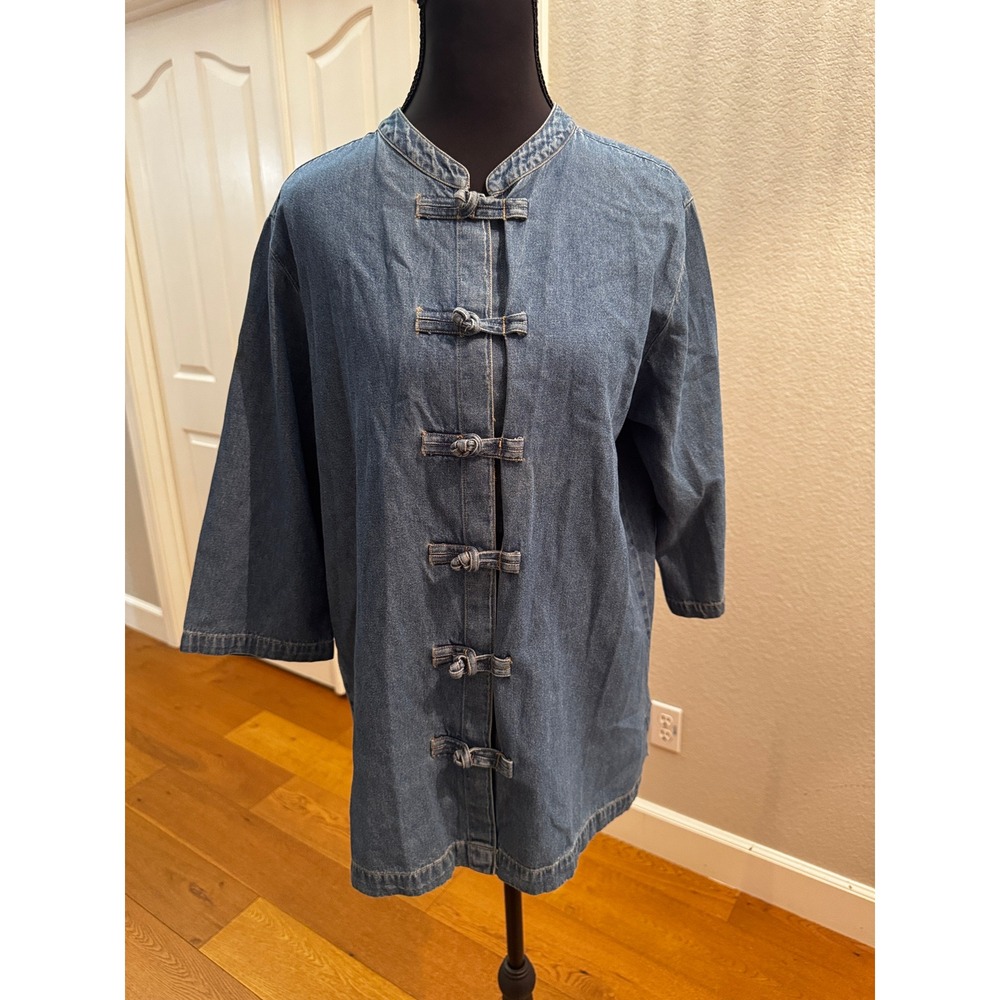 Denim Mandarin Collar Jacket Womens M Frog Closure Chinese Inspired Tunic